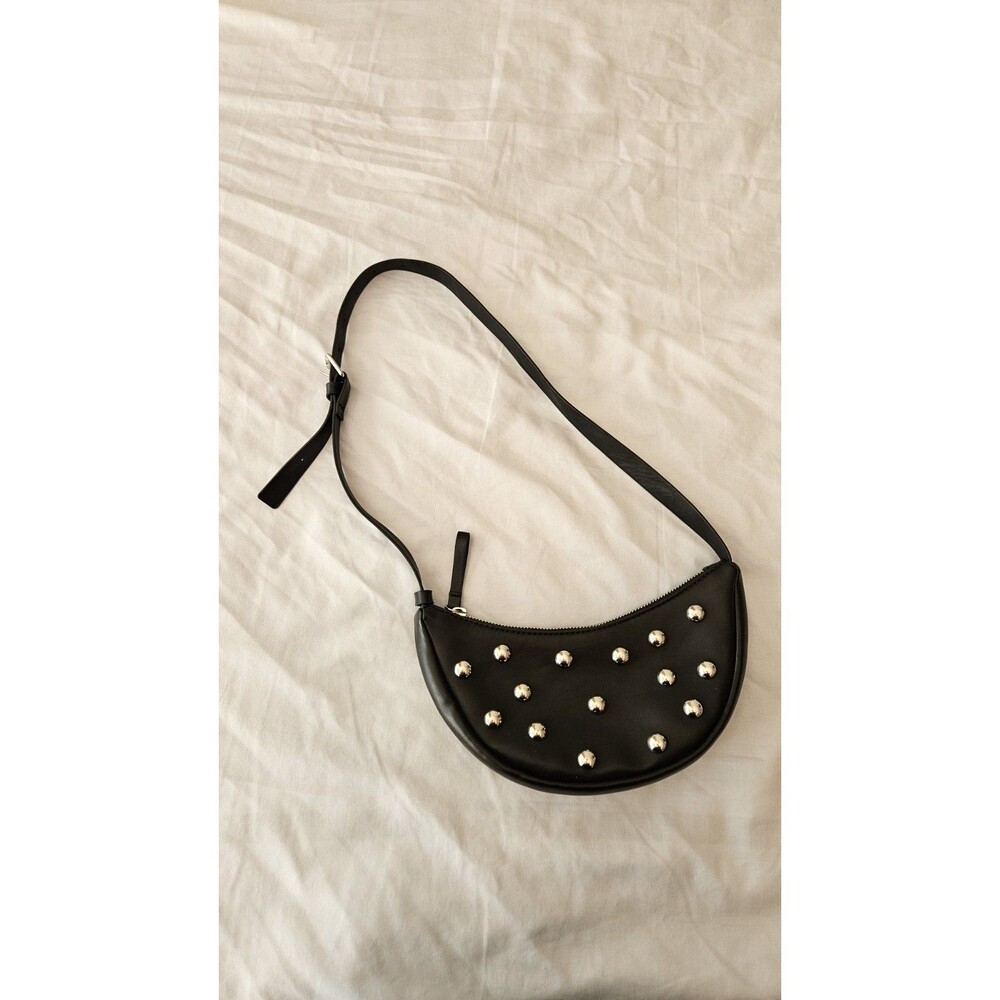 ZARA Black Silver Studded Crescent Shoulder Bag Half Moon Faux Leather Purse